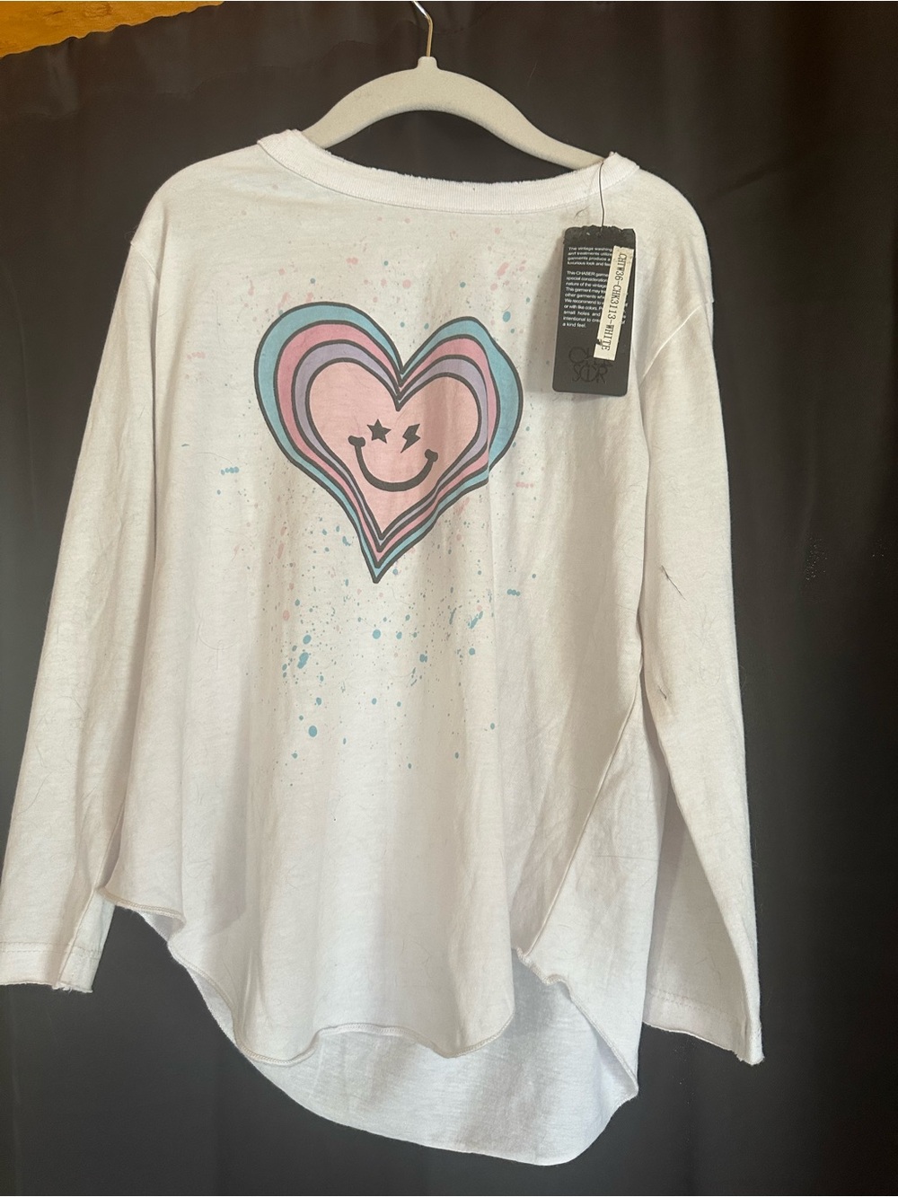Chaser White Long Sleeve Tee with Pink & Blue Smiley Heart